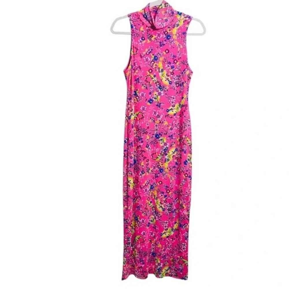 AFRM Poste Bright Pink Floral Mesh Turtleneck Sleeveless Midi Dress Size S - Picture 2 of 7